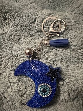 Blue Crystal Crescent Moon Keychain with Tassel